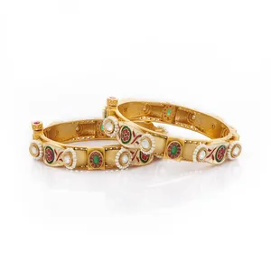 Unique Matte Gold Plated South Indian Antique Polki Jewellery Pearl Bangle Available At Reasonable Price