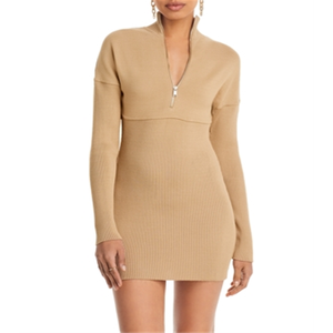 Abito lungo in maglia a costine beige Lvir, modello casual a trapezio, aderente, semplice ed elegante, taglie L, per estate e inverno, in viscosa naturale, nylon e spandex. - Product Image 1