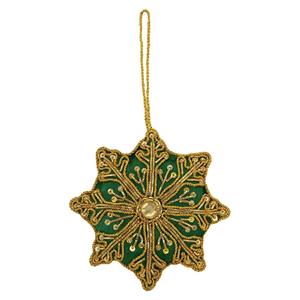 Décoration suspendue Green Star Zari avec broderie dorée et travail de pierres |   Ornement en tissu perlé pour la maison, les festivals, les mariages et Noël - Product Image 1