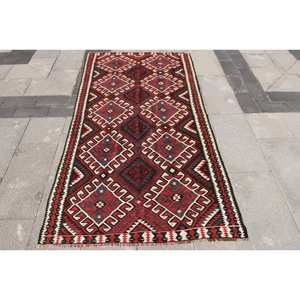 Alfombra de lana negra y roja Kilim de área grande, 3,7x7,1 pies, tejido plano turco, respaldo de látex, pila de felpa para habitación de pasillo, Alfombra de habitación modelo - Product Image 1