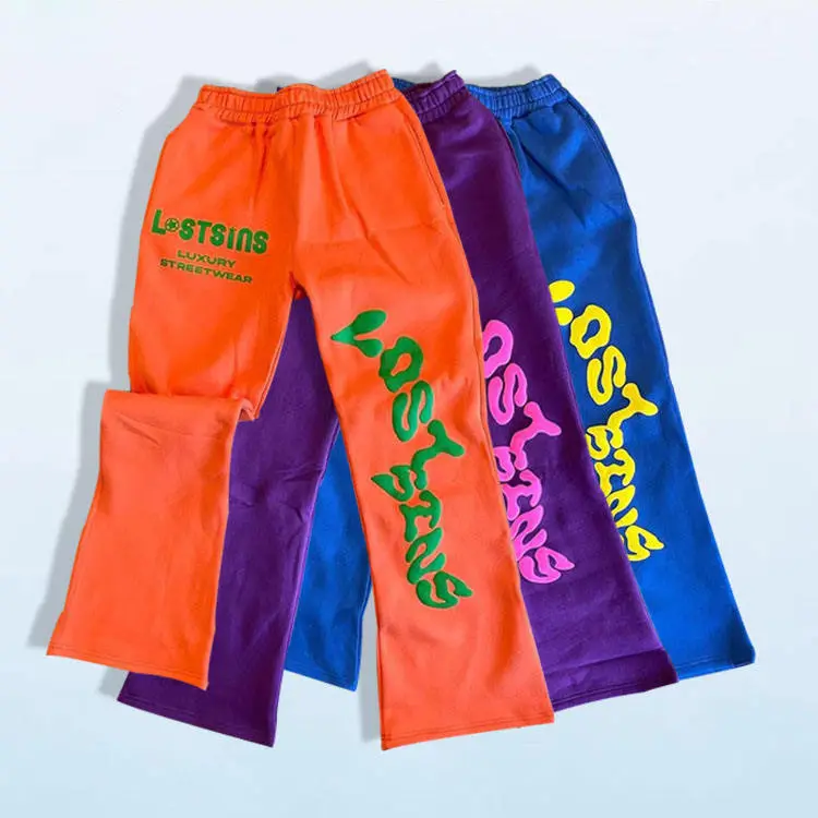 OEM Atacado Custom Hot Sales Heavyweight Fleece 3D Puff Print Flared Pants Homens Soltos Flared Sweatpants