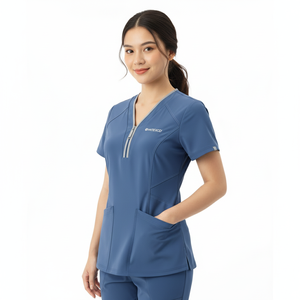 Blusa Médica de Manga Corta con Cuello en V y Media Cremallera para Mujer, Uniforme Médico Elástico y Cómodo con Bolsillos, Ropa de Atención Médica - Product Image 2