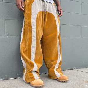 Pantalon ample en velours côtelé pour homme, patchwork, rayures arquées, jambes larges, streetwear, bas décontractés, logo personnalisé - Product Image 6