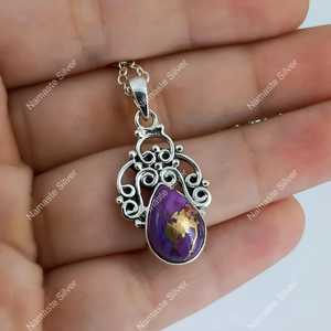 Handmade 925 Sterling Silver Turquoise Necklace with Pear Shape <b>Locket</b> Box Chain Purple Copper Jewelry Gift - Product Image 2