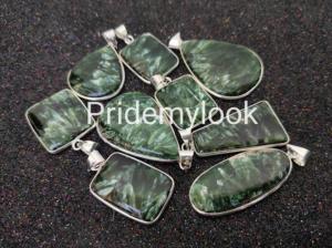 Haute qualité bohème séraphinite pierres précieuses pendentifs collier à la mode cristal naturel lunette réglage mélange formes argent plaqué laiton - Product Image 6