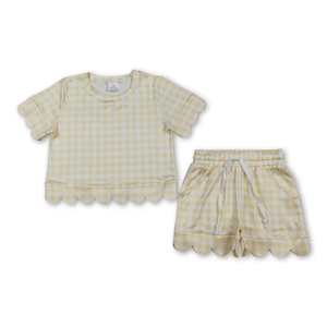 Conjuntos de Ropa para Bebés Niñas RTS, Camisas de Manga Corta a Cuadros Amarillos con Bolsillos y Pantalones Cortos con Volantes - Product Image 2