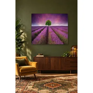 Impression sur toile de rangées de lavande et d'un arbre solitaire sous un ciel violet de Fida - Product Image 3