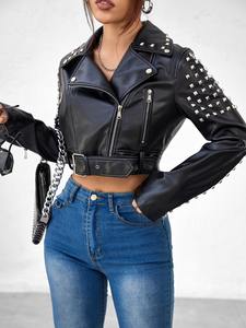 Veste en cuir PU matelassée et tissée, effet peau de mouton, avec rivets, pour femme, coupe-vent et respirante, collection automne 2024, personnalisable pour l'extérieur - Product Image 2