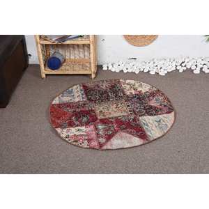 Alfombra de lana Vintage, diseño de retazos rojo y Beige, hecha a mano, 10mm de grosor, 3,3x3,3 pies, área grande, rectángulo abstracto para pasillo, nuevo - Product Image 1