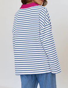 Logo personnalisé OEM Designer T-shirt rayé à col en V et à manches longues pour femmes Pull Sweatshirt T-shirt à col bicolore OEM - Product Image 4