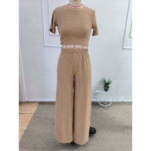 Conjunto de Dos Piezas para Mujer, Blusa de Crepé de Manga Corta con Cuello Redondo y Pantalones, 36186 - Beige - Product Image 4