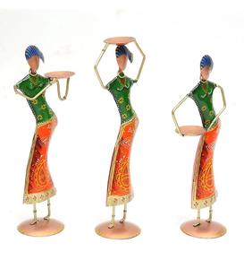Escultura Cultural Étnica de la India, Juego de 3 Figuras de Damas con Tagari, Arte en Metal para Decoración de Oficina, Hogar y Galerías - Product Image 1