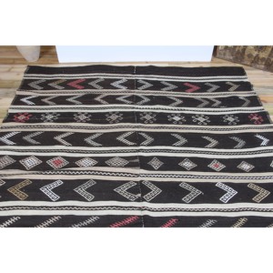 พรมคิลิมวินเทจขนาด 7x11.5 ฟุต สีน้ำตาลลายเรขาคณิต พรมขนสัตว์ตุรกี - Product Image 4