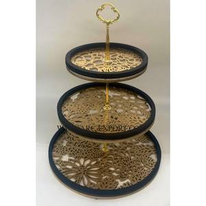 Plateaux décoratifs de table faits à la main en bois de teck de concepteur floral Ramadan et support 3 niveaux ronds élégants décor à la maison plateaux de nourriture approvisionnement - Product Image 1