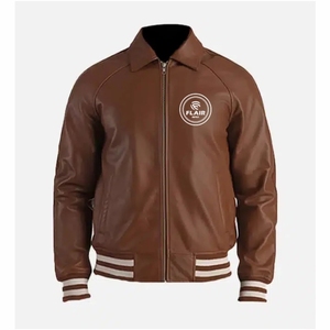 Men's Plain Blue and dark <b>brown</b> <b>Leather</b> Varsity <b>Jacket</b> - Product Image 4
