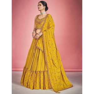 Atractivo Lehenga Choli de Georgette con Bordado de Espejo Color Mostaza con Dupatta para Vestimenta de Boda - Product Image 4