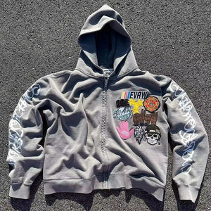 Nueva Ropa de Invierno, Sudadera Corta de Estilo Vintage con Lavado Ácido, Bordada, con Cierre, 100% Algodón de Punto, para Hombre - Product Image 1