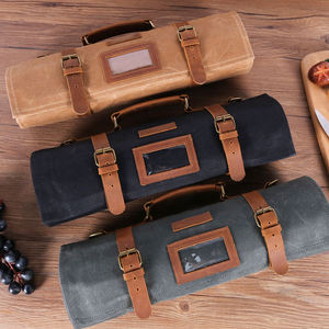 Personnalisé 12 fentes pour couteaux Sac de rangement enroulable pour couteau de chef en cuir ciré imperméable et résistant LCKR-0018 - Product Image 5