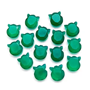 Natural Green Onyx Cat Shape Gemstone, Onyx Cat Face Faceted Carving Beads, Beads For Jewelry Making, Animal Carved Beads, 12mm