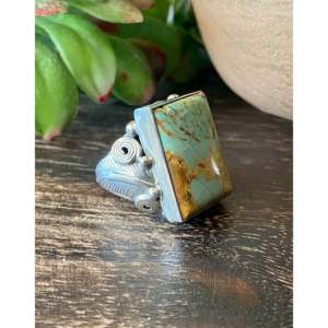Darrell Morgan Kingman <b>Ring</b> Size 10.5 Turquoise and Sterling <b>Silver</b> Boho <b>Statement</b> Geometric Bezel Setting Everyday Wear - Product Image 3