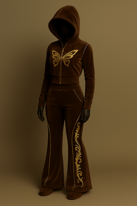 Ensemble de survêtements en velours à la mode pour femmes, veste à capuche avec motif de papillon doré brodé, pantalon évasé, lounge sportif, vente en gros - Product Image 2