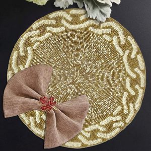Napperon brodé à la main de haute qualité Unique or ivoire perles de verre conception pour les fêtes et autres occasions prix de gros - Product Image 2