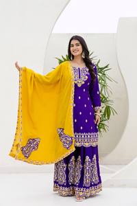 Nouveau concepteur PALAZZO avec tissu en mousseline de soie KURTA & DUPATTA avec codage de séquence de broderie pour les occasions de fête LANCEMENT exclusif - Product Image 2