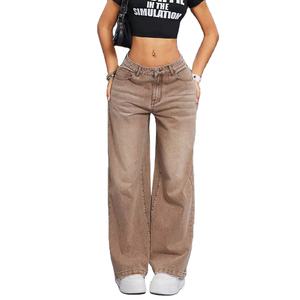 Nouveautés - Pantalon en denim kaki à jambes larges pour femmes, style streetwear, taille basse, jeans baggy pour femmes - Product Image 1