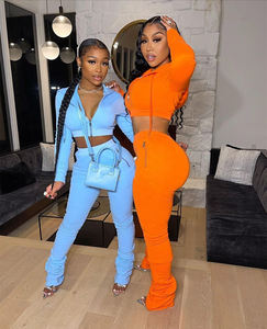 New 2023 Sexy <b>Cropped</b> <b>Zip</b> <b>up</b> Hoodies Custom Stacked Sweatsuit Flare Sweatpants Women Hoodie and Pant Tracksuit for Women - Product Image 6