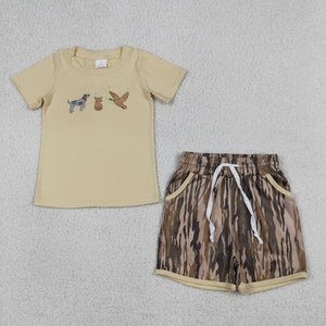 Ensemble short et t-shirt à manches courtes pour bébés garçons, avec broderie cerf, chien, canard et poches camouflage - Product Image 1
