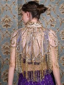 Hermosa capa burlesca con cuentas y lentejuelas, silueta recta con flecos colgantes, sujeta el cuello, ropa festiva para festivales, capas - Product Image 2