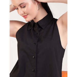 เสื้อเชิ้ตผ้าฝ้ายป๊อปลินคอปกติดกระดุมแขนกุดสำหรับผู้หญิงของดีบาโกสีดำล้วนลำลองฤดูใบไม้ผลิฤดูร้อนทรงปกติ - Product Image 2