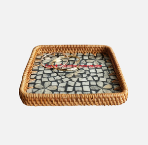 Bandeja de servicio de ratán Natural tejida a mano con incrustaciones de madreperla, bandeja redonda de mosaico decorativo para decoración del hogar y almacenamiento de cocina - Product Image 4