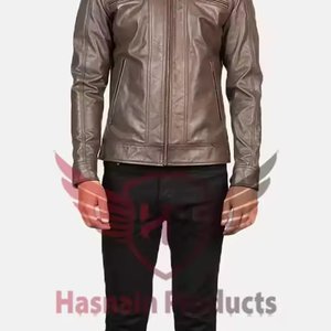 Veste à capuche en cuir véritable marron pour homme, double fermeture éclair, poches poitrine, en peau de mouton, style motard vintage, manteau d'hiver personnalisé - Product Image 2