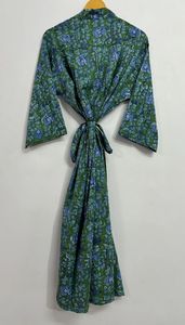 Vestido Kimono con estampado de hojas indias de algodón hecho a mano, bata azul para dama de honor, verano, ligero, hasta el suelo, cubierta de playa, vestidos informales - Product Image 4