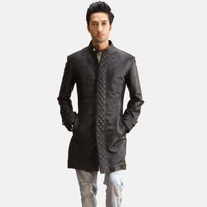 Midlander Casual <b>Black</b> Leather <b>Coat</b> Quilted Pattern Hooded Overcoat Wool Filling Button Genuine Knitted Lightweight Soft - Product Image 1