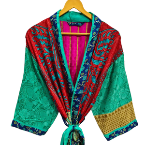 ชุดกิโมโนเย็บปะติดปะต่อกันชุดคลุมบิกินี่เสื้อคลุมยาวสำหรับใส่กลางคืนทำด้วยมือสไตล์อินเดียวินเทจผ้าไหมส่าหรี - Product Image 1