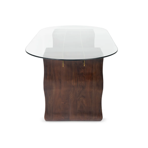 Table de salle à manger de cuisine en bois d'acacia massif durable, artisanale, motif vagues, pieds épais, métal doré et plateau en verre noyer - Product Image 4