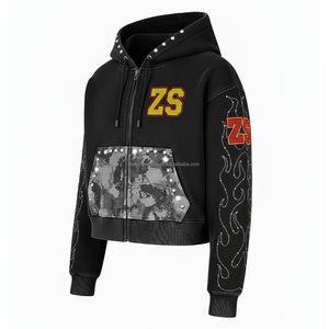 Luxury 380 GSM fleece <b>zipper</b> <b>hoodie</b> <b>black</b> soft inner lining stone textured pocket panels chenille patch logo basics hoodies - Product Image 4