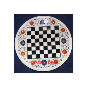 Table basse de conception d'échecs en incrustation de marbre blanc fait à la main de forme ronde pour la maison et les meubles de décoration d'hôtel au meilleur prix - Product Image 1