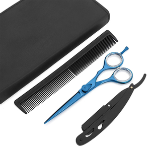 <b>Barber</b> Hair Dressing Kit with Steel Handled Blue Coated Salon Scissor <b>Set</b> Razer Thinning and Cutting Scissor Leather Case - Product Image 1