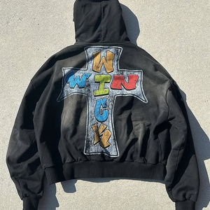 TRADE MFG, sudadera con cremallera de gran tamaño para hombre, estilo Vintage cuadrado de moda, mangas bordadas con cuentas de diamantes de imitación, blanqueado, lavado, personalizado, OEM - Product Image 2