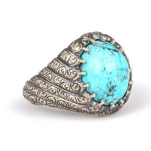 925 Sterling <b>Silver</b> Men's <b>Statement</b> <b>Ring</b> with Turquoise Stone and Oval Design Bezel Setting Hip-Hop Style for Everyday Wear - Product Image 1