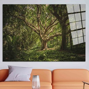 Toile imprimée paysage d'arbre ancien minimaliste : Art mural élégant, Art sur verre trempé - Product Image 1