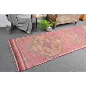 พรมถักสไตล์ตุรกีโบราณขนาด2.9 x 10.1ft งานเย็บปะทำด้วยมือทำจากผ้าขนสัตว์สีน้ำตาลสีชมพูงานปะติดด้านหลังสำหรับวัยรุ่นสี่เหลี่ยมผืนผ้าสไตล์แอบสแตรก - Product Image 1