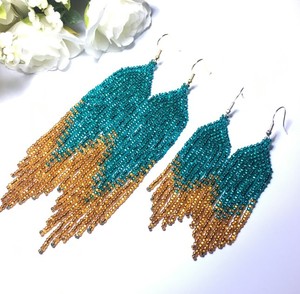 Bead <b>Earrings</b>, <b>Turquoise</b> Dark Gold Long <b>Earrings</b>, extra Long <b>Earrings</b>, Fringe <b>Earrings</b>, Boho <b>Earring</b>, Seed Bead <b>Earrings</b> - Product Image 2