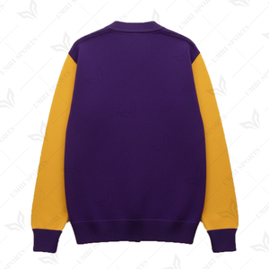 <b>Purple</b> and Gold for Unisex Winter Outdoor Casual <b>Cardigans</b> V Neck Knit Sweaters with Custom Logo Designs 100% Wool - Product Image 2