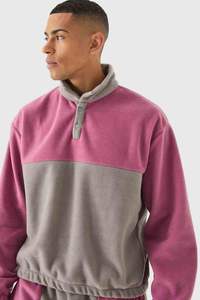 Chándal de bloque de color con cuello Popper de gran tamaño de chocolate Logotipo personalizado Conjunto de sudadera y Jogger de 2 piezas Chándal de lana para hombres - Product Image 5