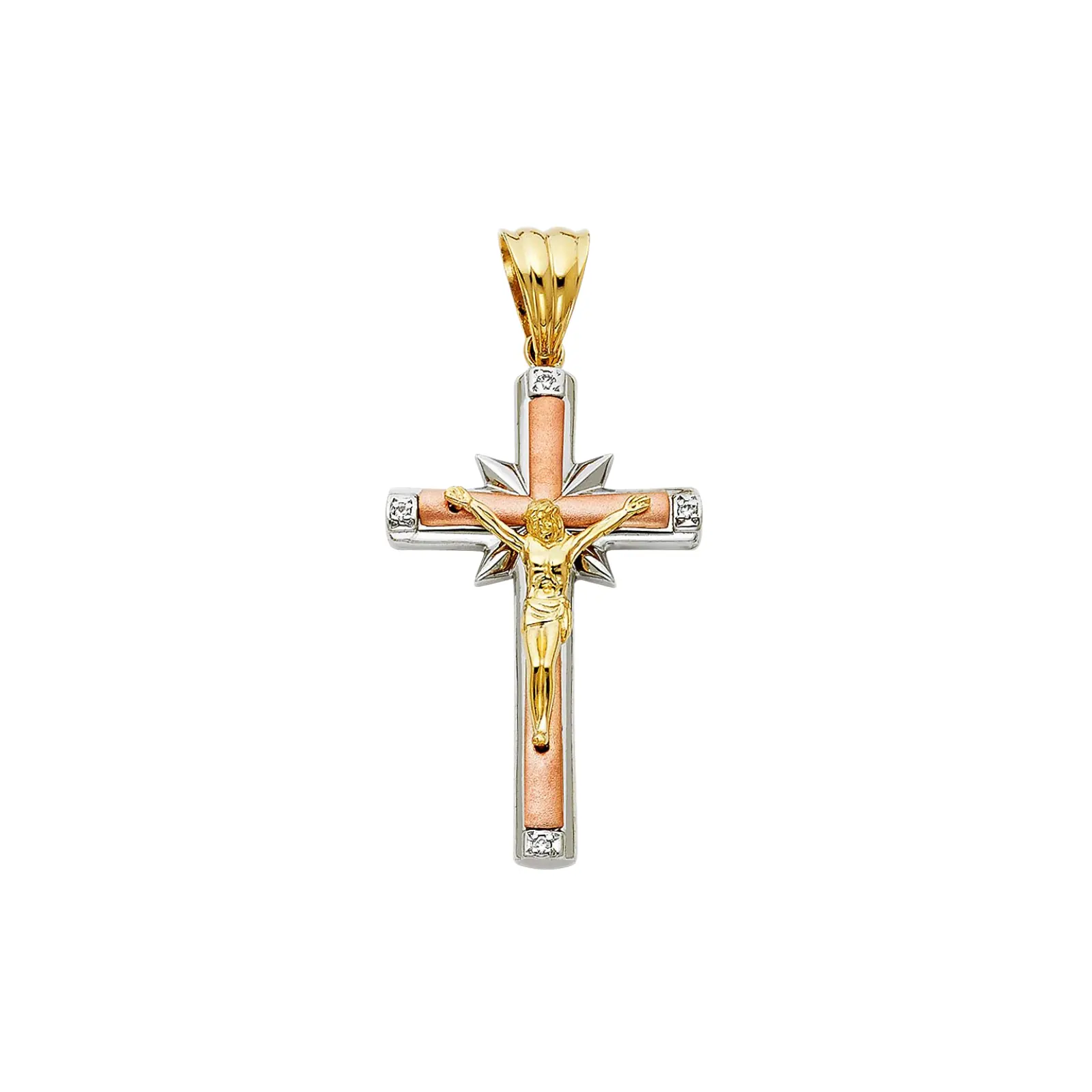 14K Tri renk altın kaplama yıldız şekilli haç dini kolye CZ çapraz tasarım ile katolik takı aksesuar