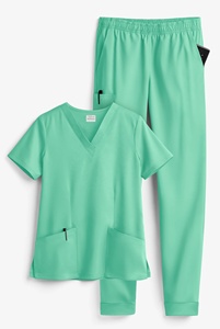 Tenues médicales unisexes à manches courtes en mélange de coton tissé extensible, avec logo personnalisé et motif col en V, pour hôpitaux et salons de beauté - Product Image 2